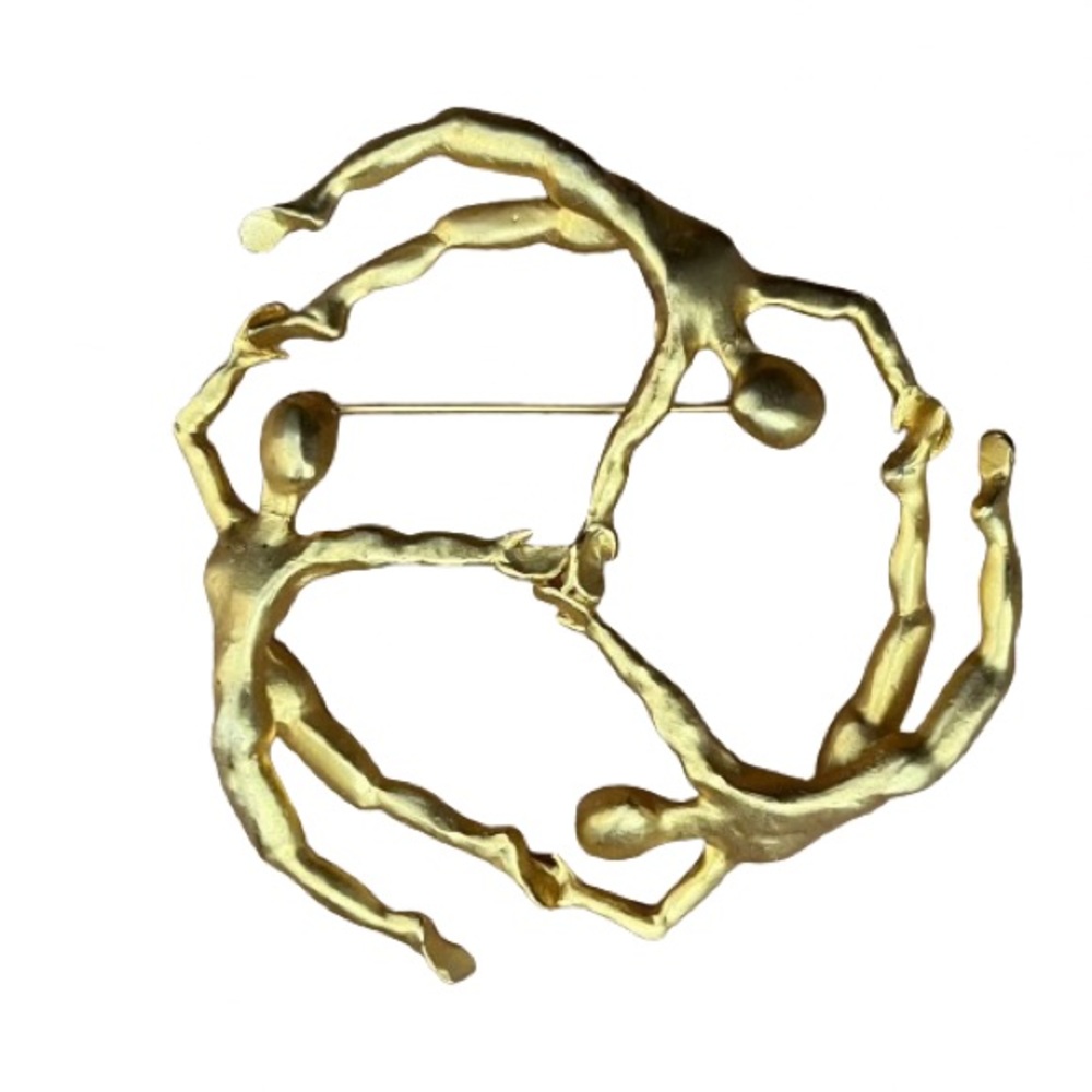 Goldtone Brooch Pin - 3 Elongated Modern Figures Joined in a Circle
